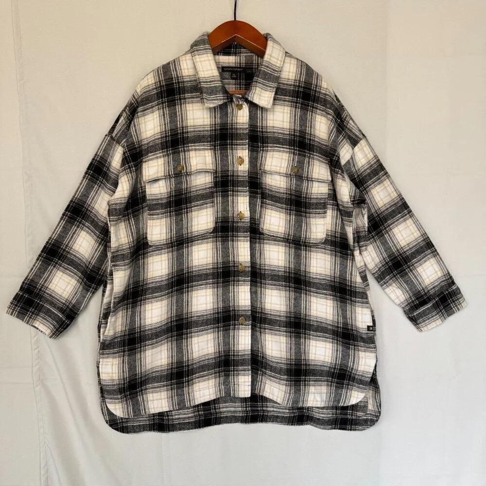 Banana Republic Flannel Black Ivory Plaid Long Line Oversized Shacket Size XL